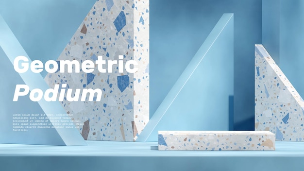 podio de terrazo azul rectangular en forma de triángulo con textura azul paisaje maqueta de escena de renderizado 3d