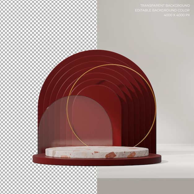 podio de terrazo rojo en anillo de oro cuadrado y fondo de arco que representa un fondo transparente en 3D