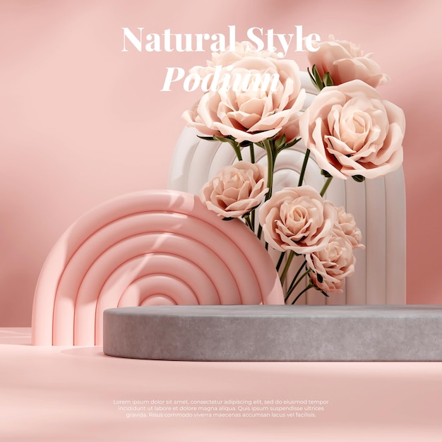 Podio de textura de hormigón de plantilla de maqueta de renderizado 3d en cuadrado con rosa rosa y arco