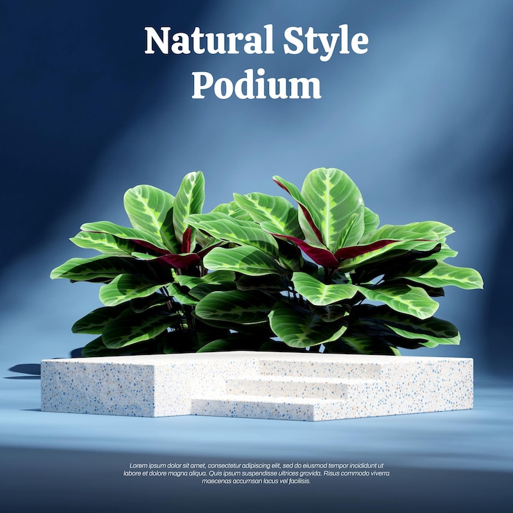 PSD podio con textura de terrazo azul blanco en calathea verde cuadrado imagen de renderizado 3d maqueta en blanco