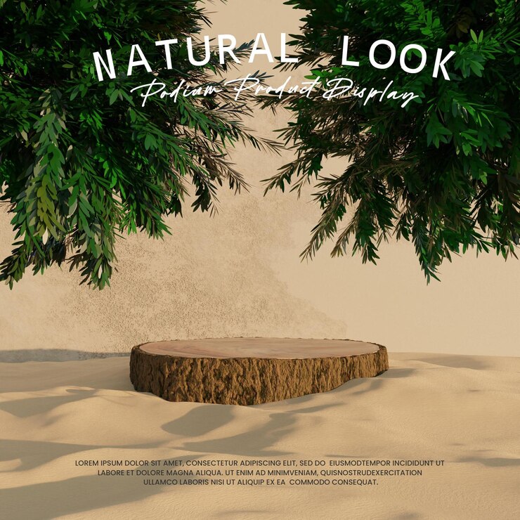 PSD podio de tronco natural con árbol en arena para presentación de productos
