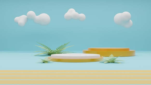 PSD pódio tropical de renderização 3d em fundo de praia com folhas e nuvens tropicais