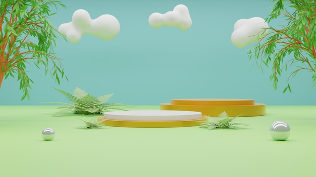 Pódio tropical de renderização 3D em fundo de praia com folhas e nuvens tropicais
