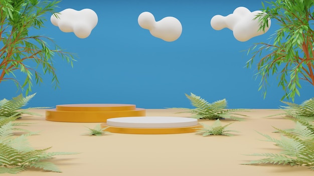 Podio tropical de representación 3D en el fondo de la playa con hojas tropicales y nubes