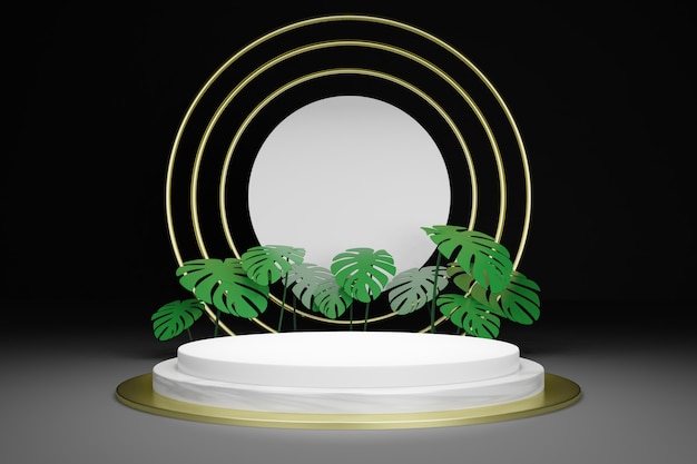 Podio vacío de representación 3D con hojas tropicales