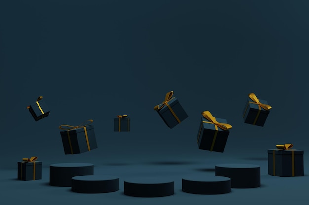 Pódio vazio de renderização em 3D para o Natal com caixa de presente