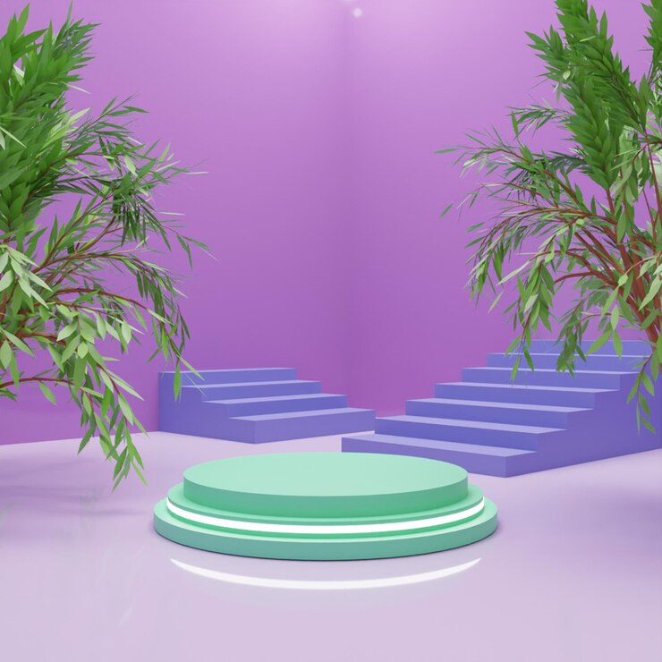 PSD podio verde de renderizado 3d moderno con árboles de alta calidad
