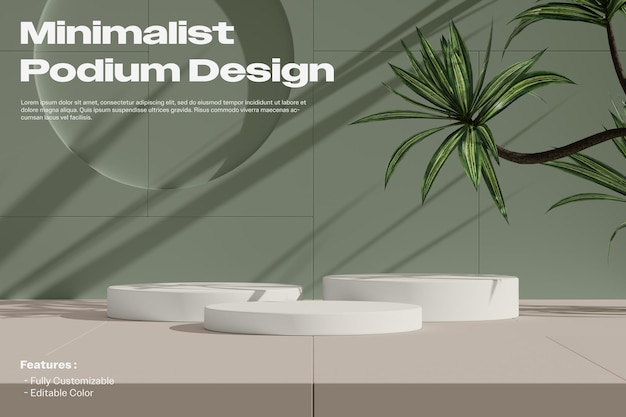 Podios blancos en una superficie beige con vegetación y patrones geométricos