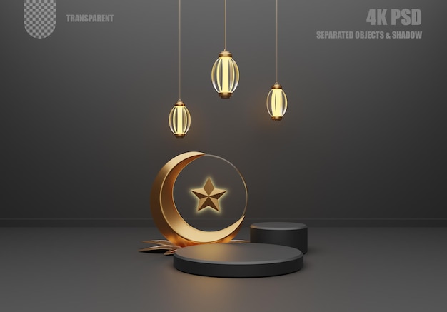 PSD podium 3d avec croissant de lune et lampe pour ramadan kareem psd