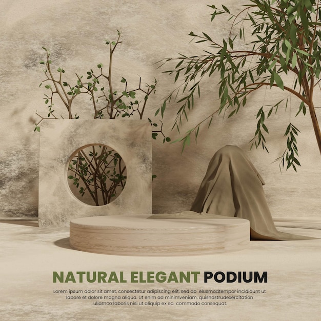 Podium Abstrait Marron Naturel Avec Arbre Et Tissu Pour La Présentation Du Produit