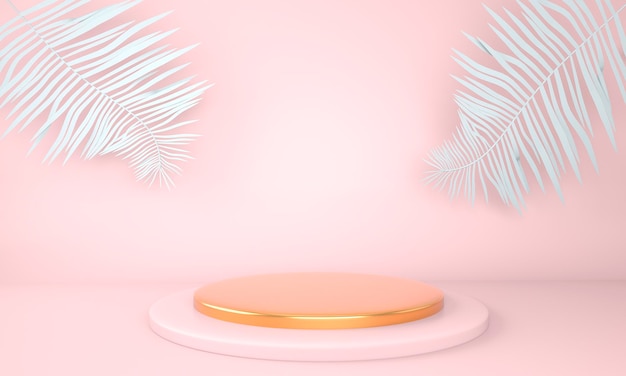 Podium d'affichage du produit décoré de feuilles sur fond pastel illustration 3d