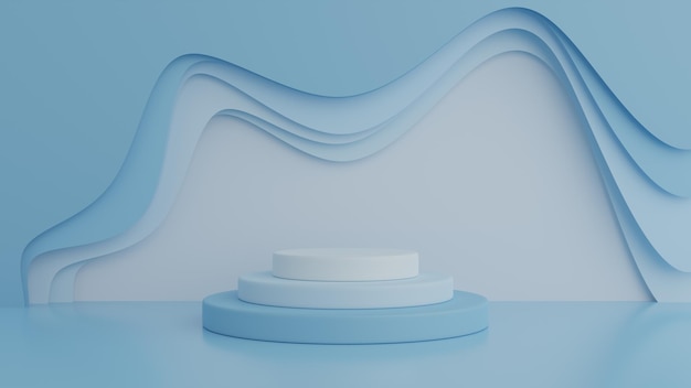 Podium auf blauem Farbhintergrund für Produkt. minimales Konzept. 3D-Rendering