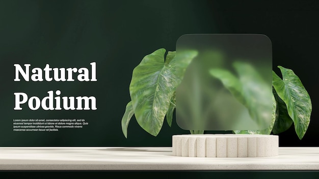 Podium aus natürlicher keramischer textur in der landschaft alocasia-pflanze und glas 3d-rendering-mockup-vorlage