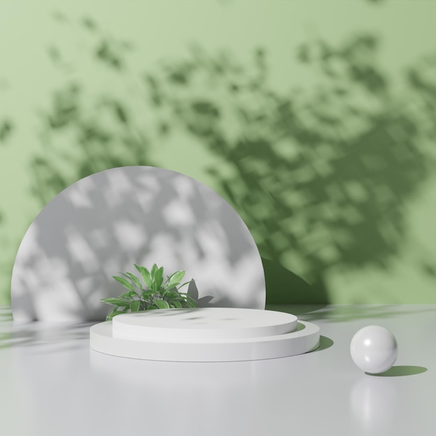 Podium blanc de rendu 3D minimaliste avec plante et ombre sur fond vert