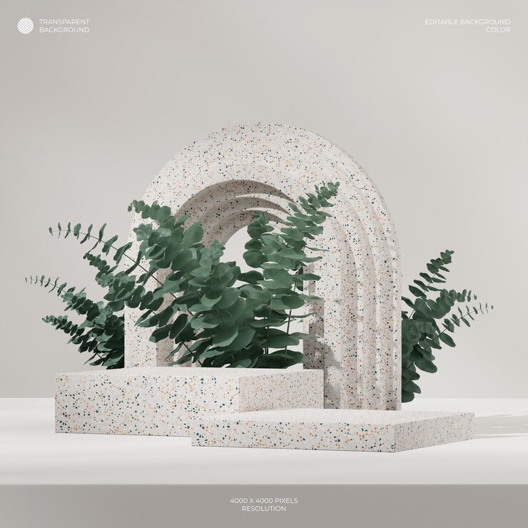 PSD podium blanc en terrazzo dans une feuille carrée et une arche à fond transparent rendu 3d d'une maquette vide