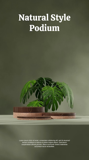 podium en bois et en cylindre de terrazzo en blanc dans le portrait de l'usine de monstera vert rendu d'image 3d