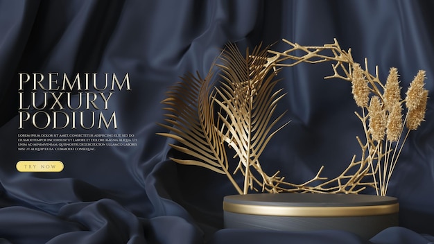 Podium En Bois Et Or Avec élément Végétal En Or Au Look De Luxe Premium Pour La Présentation Du Produit