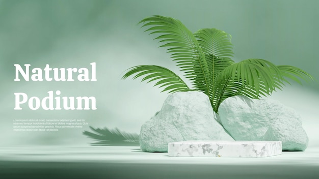 podium carré de marbre dans le paysage menthe mur vert palmier et roches image 3D rendre maquette blanche