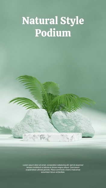 podium carré en marbre dans le portrait mint mur vert palmier et roches image 3D rendre maquette blanche