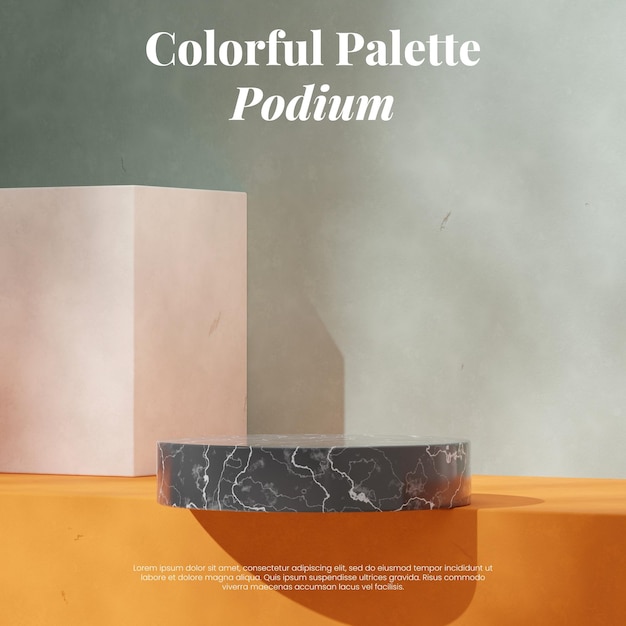 Podium de cilindro de mármol negro en piso cuadrado naranja y pared verde maqueta vacía de renderización 3D