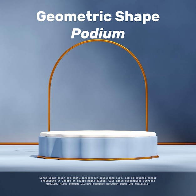 Podium de cylindre blanc bleu sur fond d'arc métallique carré doré rendant un espace vide 3d