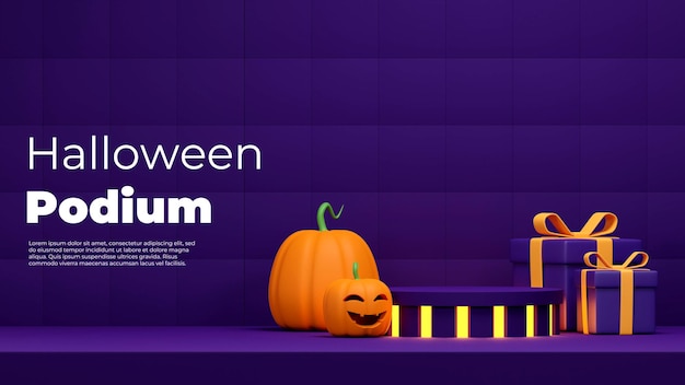 Podium de cylindre violet maquette de rendu 3d halloween en paysage avec scène de citrouille et de boîte-cadeau