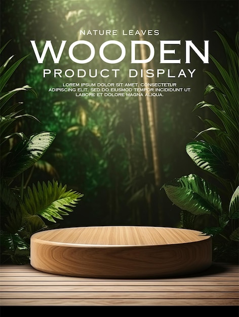 PSD podium d'exposition de produits en bois avec des feuilles de nature podium vide