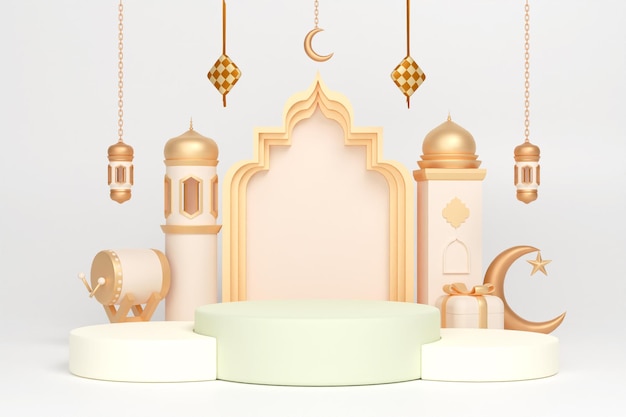 Podium islamische Displaydekoration mit Bedug Trommel Halbmondlaterne und Ketupat