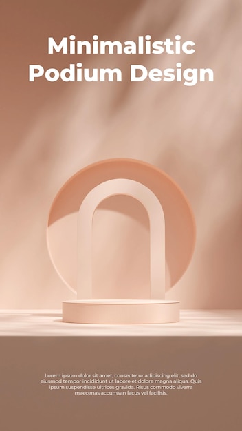 Podium de maquette de rendu 3d de scène vide minimale de couleur pêche en portrait avec arc et cercle