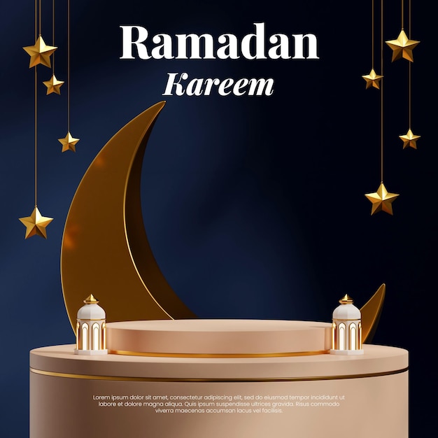 Podium Marron Doré Dans La Lune Carrée, Les étoiles Et La Lampe Ramadan Kareem, Rendant La Maquette Vierge 3d