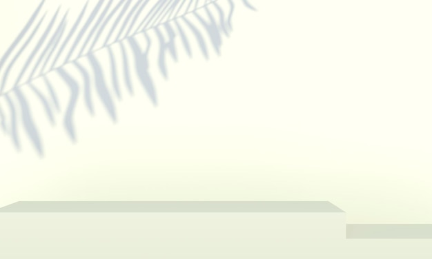 Podium mit Palmblättern auf pastellfarbenem Hintergrund. Konzeptszenen-Bühnenschaufenster für Produkt, Werbung, Verkauf, Banner, Präsentation, Kosmetik. Minimaler leerer Schaukasten. 3d