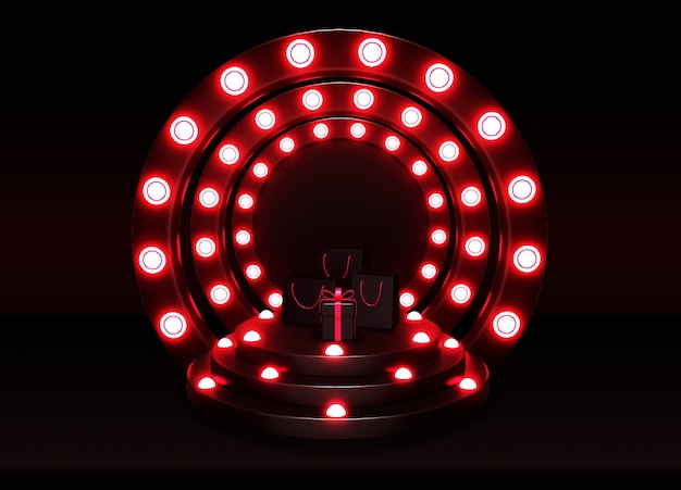 Un podium noir décoré de lumières rouges pâles et d'un cadeau dessus.