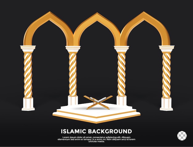 Podium de podium 3d islamique et décoration de pilier de mosquée en couleur de fond or blanc