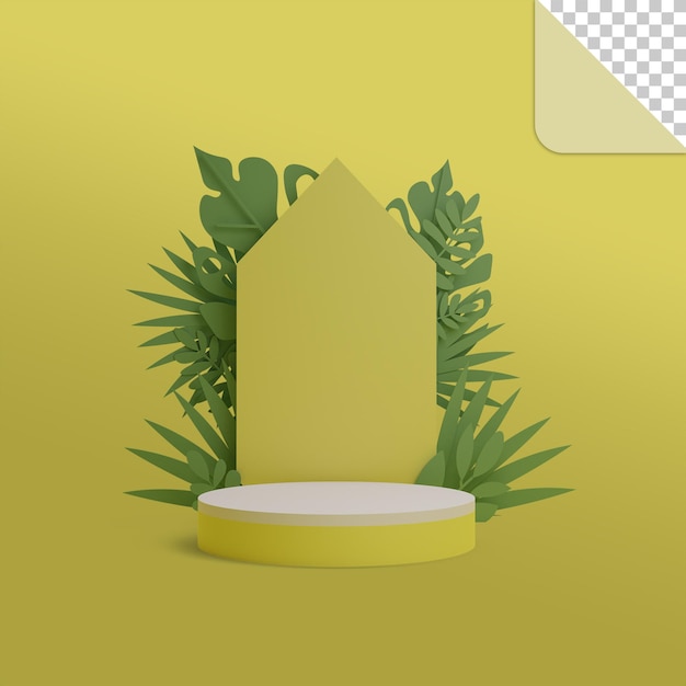 Podium de rendu 3D avec des feuilles tropicales