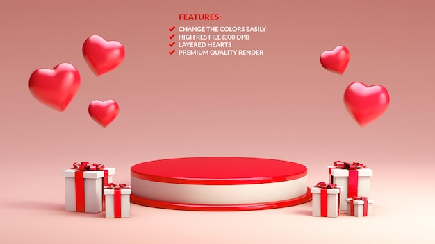 Podium Rouge Et Blanc De La Saint-valentin En Rendu 3d Pour La Présentation De L'objet