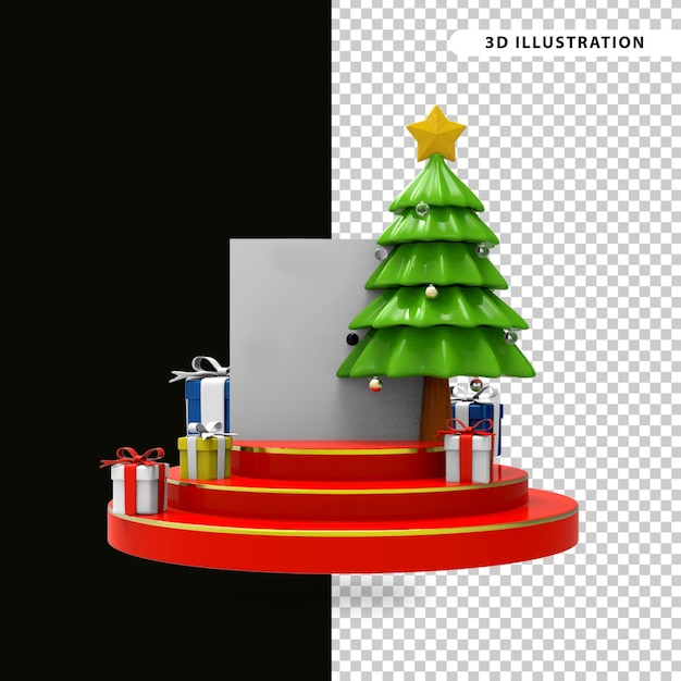 PSD podium et sapin de noël avec coffret cadeau et ornements