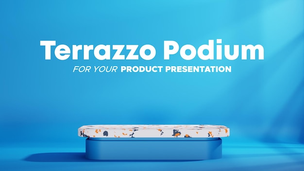 PSD podium en terre cuite minimaliste avec fond bleu dans le paysage pour la présentation du produit