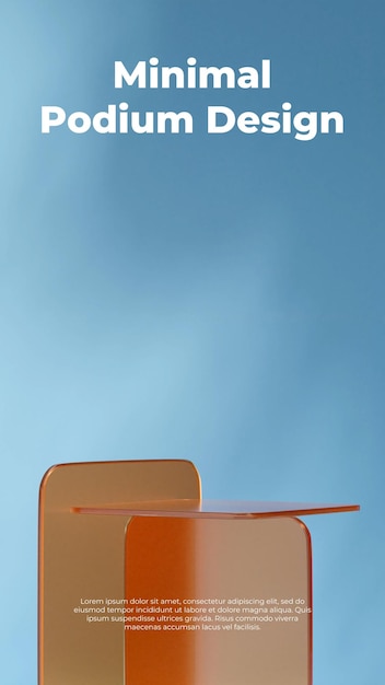 podium en verre transparent orange en portrait fond de mur bleu modèle de scène d'image de rendu 3d