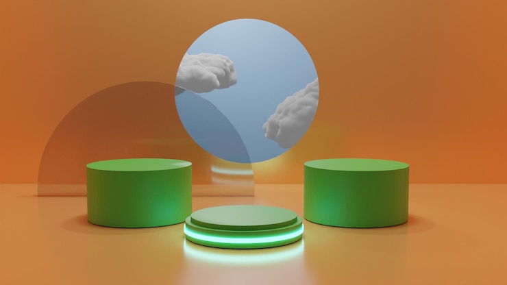 PSD podium vert de rendu 3d avec lumière et nuage