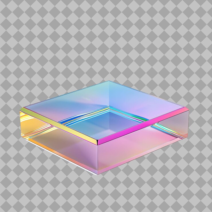 PSD podium de vidrio cuadrado artístico con un objeto png de texto colorido y brillante en un fondo limpio