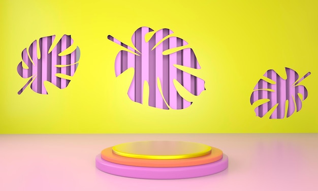 Podiumanzeige mit Monstera-Blättern im 3D-Rendering