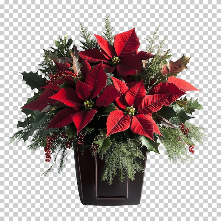 PSD poinsettia radiante y vegetación aisladas sobre un fondo transparente