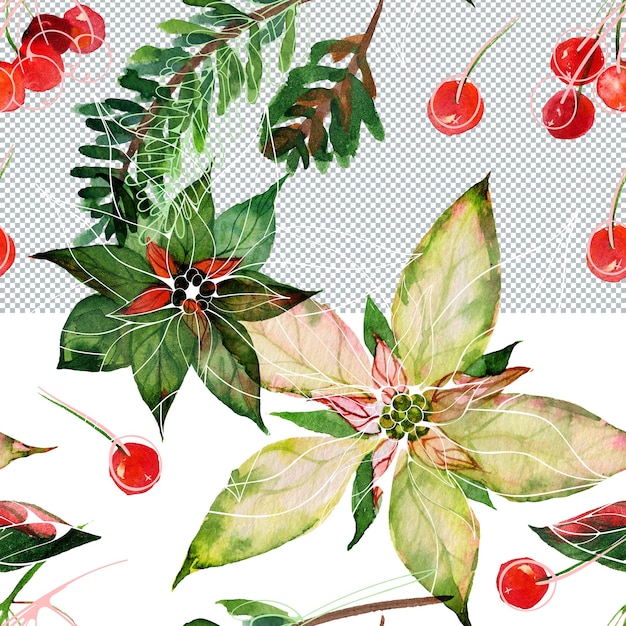 Poinsettia y ramas de abeto y bayas rojas de invierno Navidad de patrones sin fisuras