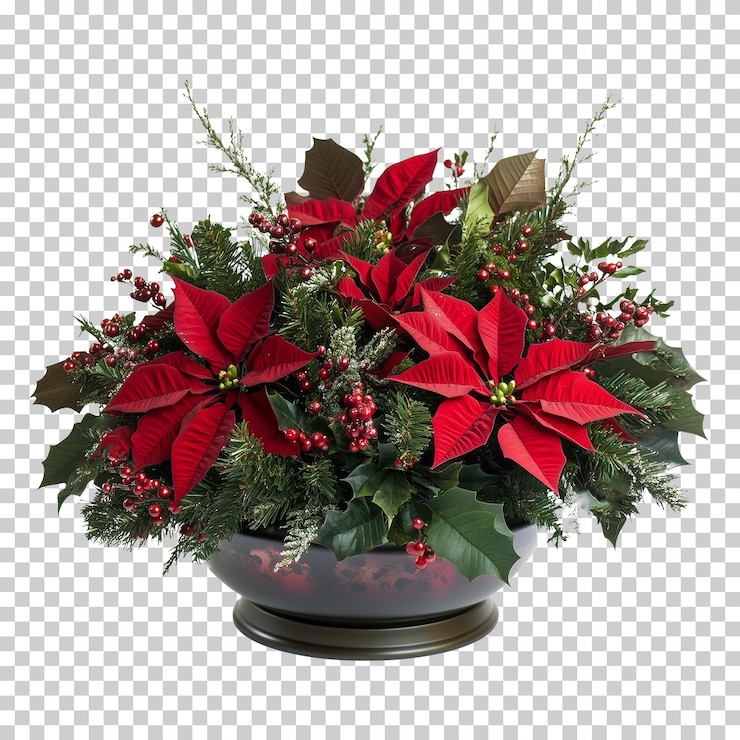 PSD la poinsettia roja festiva y el centro de la hoja perenne aislados sobre un fondo transparente