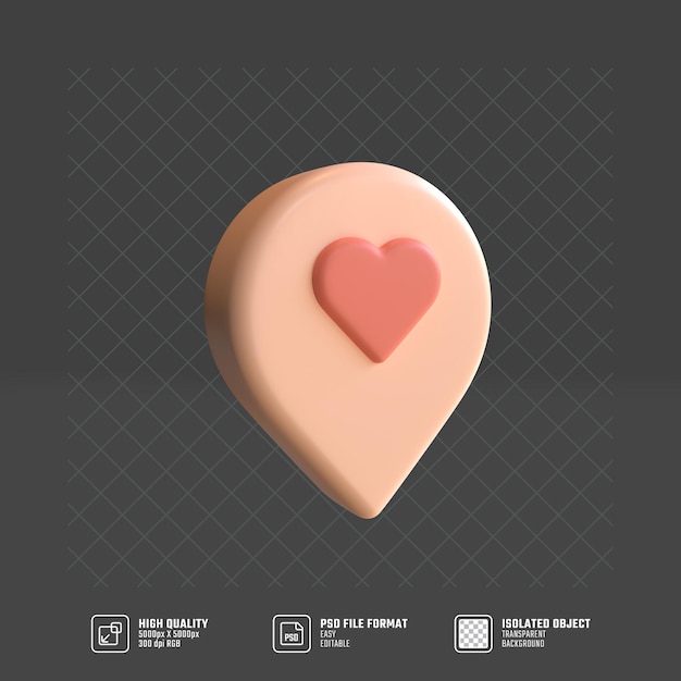 Point De Localisation De Rendu 3d Avec Symbole De Coeur, Illustration De Concept 3d De La Saint-valentin