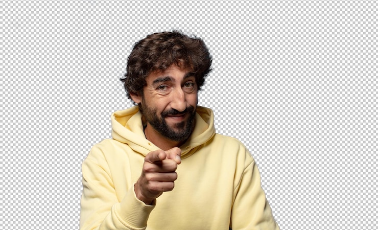 PSD en pointant vers la caméra avec un sourire satisfait, confiant et amical, en vous choisissant.