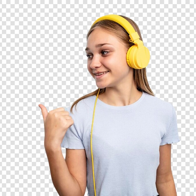 points with thumb finger away laughing and carefree on transparent background