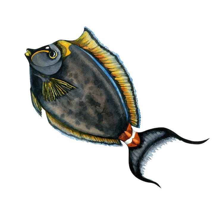 PSD poisson-chirurgien tropical dans un style d'aquarelle réaliste modèle de poisson-unicorne à épine d'orange