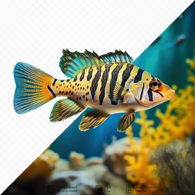 PSD un poisson cichlid attrayant à motif de tigre dans un aquarium sous-marin