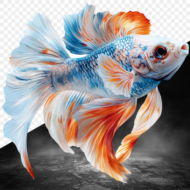 un poisson avec un corps bleu et orange et le mot koi dessus